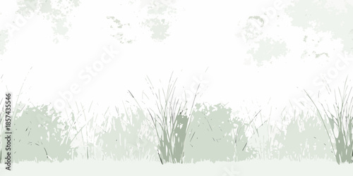 Subtle green and white abstract landscape with blades of grass and bushes