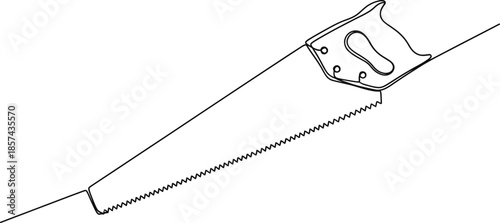 Saw tool continuous single line drawing in minimalist outline style, hand drawn silhouette vector illustration