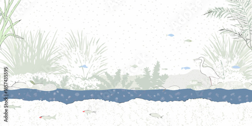 A serene illustration of a wetland habitat with birds and aquatic plants