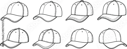 Eight Different Line Drawings of Baseball Caps in Various Angles cap hat