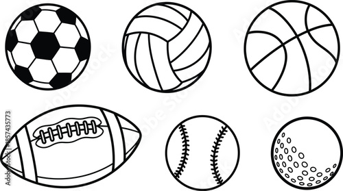 Black and white line art of six sports balls football soccer volleyball