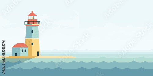 A white nautical lighthouse tower stands as a historic beacon on a summer island beach, serving as a landmark for navigation across the blue ocean water and coastal landscape