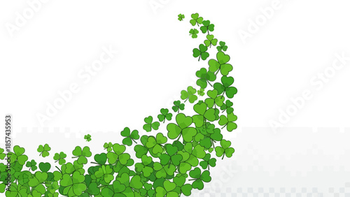 A swirling cascade of vibrant green shamrock leaves against a clean white background, symbolizing luck and St. Patrick's Day.