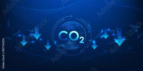 Carbon Emission Reduction Concept with Down Arrow, CO2 Decrease and Sustainable Environment Protection, Green Technology for Climate Change, Eco Friendly Solution and Low Carbon Future Background