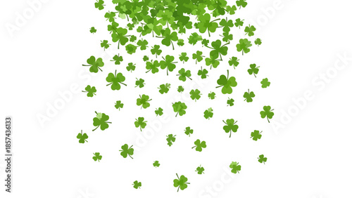 A cascade of green shamrocks falling against a white background, symbolizing luck and St. Patrick's Day.