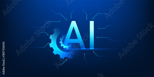 Abstract AI Technology Background with Gear and Digital Circuit Network, Artificial Intelligence Processing System, Machine Learning Automation, Smart Technology Concept, Innovation Computing
