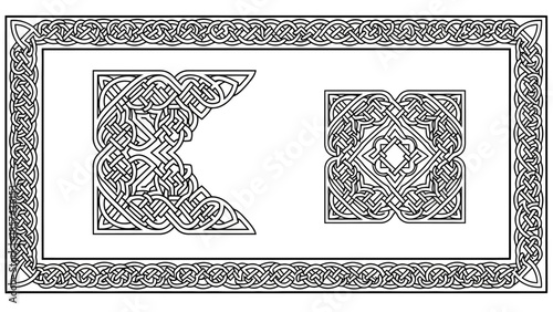 Intricate Celtic knotwork designs for borders and corners, presented in black and white.