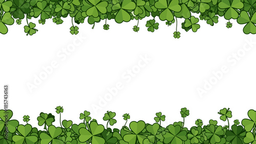 A festive St. Patrick's Day themed border with lush green shamrocks and clover leaves framing a white empty space.