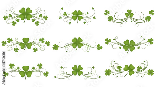 A collection of nine decorative green shamrock and clover designs with swirling vines and flourishes, suitable for St. Patrick's Day or spring themes.