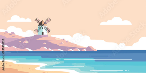 Vector illustration of a tropical island landscape in the blue sea with palm trees and a sandy beach under a summer sun and cloudy sky
