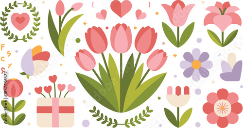 Colorful flat illustration of tulips, hearts, and various spring flowers perfect for a happy Mothers Day