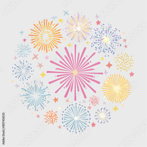Vibrant circular pattern of abstract fireworks and sparkling stars, bringing a burst of color and joy to festive designs, evoking celebration and dazzling enchantment