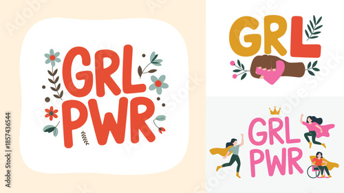 Colorful GRL PWR text surrounded by vibrant flowers and leaves on a clean white background