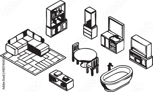 Isometric furniture vector illustration: living room, bathroom, and dining room furniture set eps silhouette