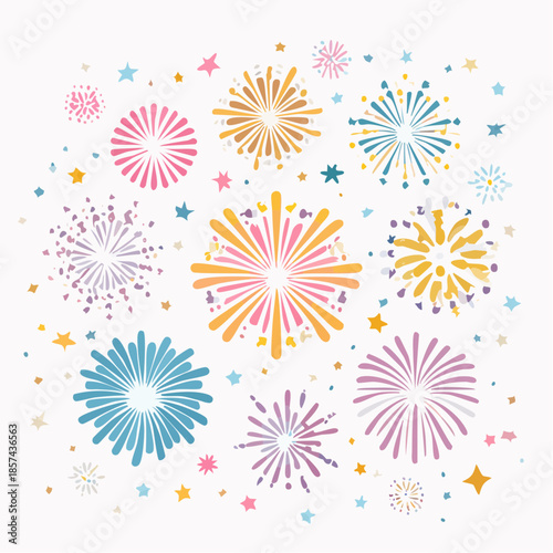A dazzling collection of vibrant fireworks bursting with scattered light and brilliant colors, creating a festive atmosphere for any celebration or joyful occasion