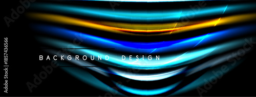 Abstract flowing lines, vibrant blues, golds create dynamic background. Text reads background design. Dark space surrounds bright shapes.