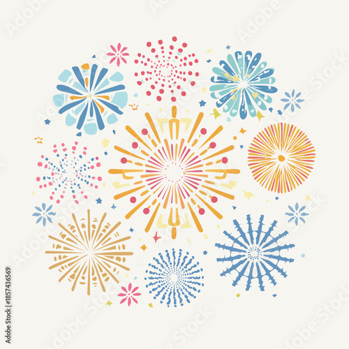 A vibrant and colorful illustration of abstract fireworks bursting in a festive circular pattern, symbolizing celebration, joy, and special events perfect for any occasion