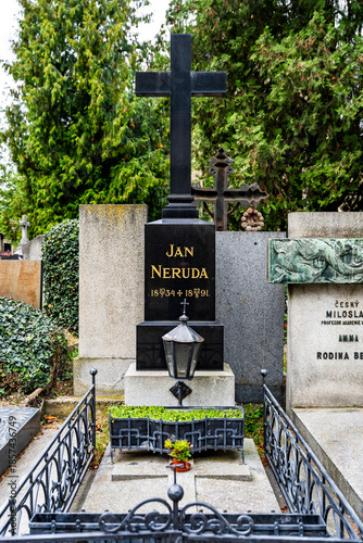 Prague, Czechia - October 7, 2024: Grave of Czech writer Jan Neruda, in the Vyšehrad cemetery on the grounds of Vysehrad Castle in Prague, Czech Republic, resting place of notable people and artists.
