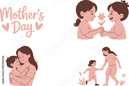 Cute illustrations celebrate Mothers Day showing happy children giving flowers and warm family hugs
