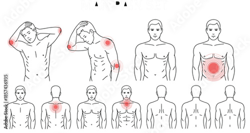 Detailed set of illustrations showing various pain symptoms and discomfort zones on a mans body
