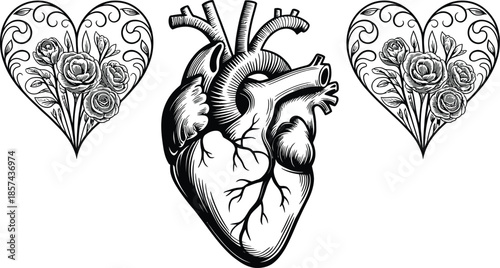 Detailed black and white anatomical human heart flanked by decorative floral rose heart outlines