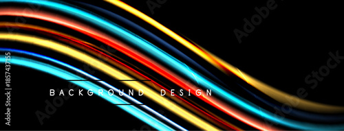 Abstract colorful lines over black background. Smooth curves create dynamic visual effect. Modern design element for digital projects.