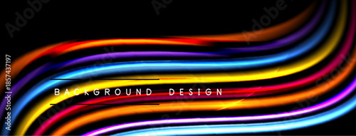 Abstract colorful waves over black background. Dynamic lines create modern design element. Bright hues offer visual impact.
