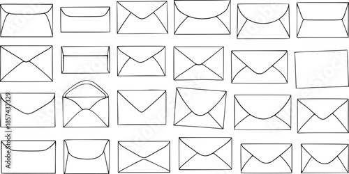 Communication  Office Stationery: Hand-Drawn Black and White Line Art Doodle Collection of Various Mail Envelopes and Letter Icons in Outline Style