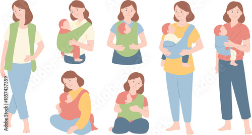 Diverse illustrations of mothers lovingly carrying their babies in various comfortable ergonomic baby slings