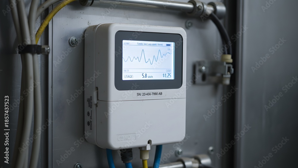 Naklejka premium Industrial control panel with digital display and cables