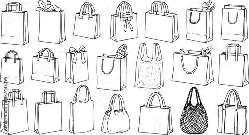 Shopping Bags Collection - Hand-drawn Black and White Line Art Vector Set of Retail, Grocery, and Fashion Totes, Paper, Plastic, and Mesh Bags for Consumerism and Sustainable Lifestyle.