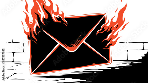 Burning Black Envelope on Fire Flames.
