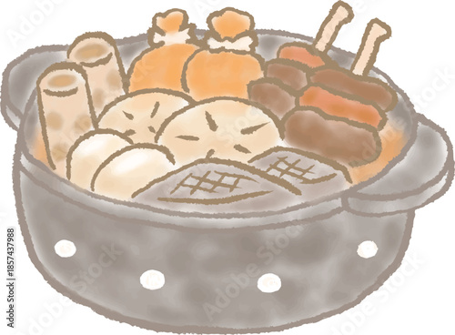 土鍋に入ったおでんの手描き風イラスト