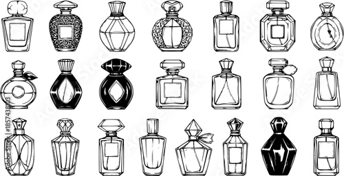Beauty Industry Fragrance Collection - Hand-Drawn Black  White Line Art Vector Set of Elegant Perfume Bottles and Luxury Scent Vials for Cosmetic Products  Fashion