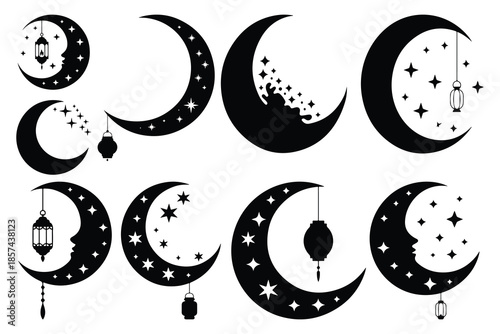 Black and white crescent moons with stars and hanging lanterns