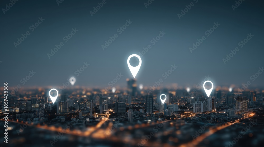Fototapeta premium Urban Cityscape with Location Pins Representing Navigation and Geolocation in a Modern Metropolis at Night