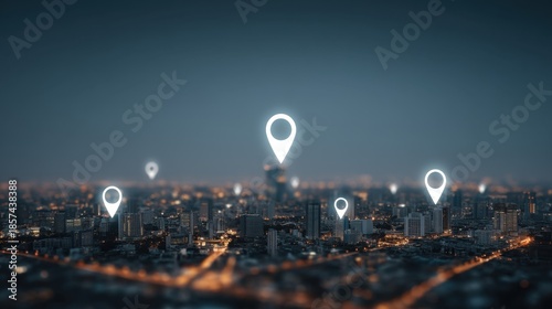 Urban Cityscape with Location Pins Representing Navigation and Geolocation in a Modern Metropolis at Night