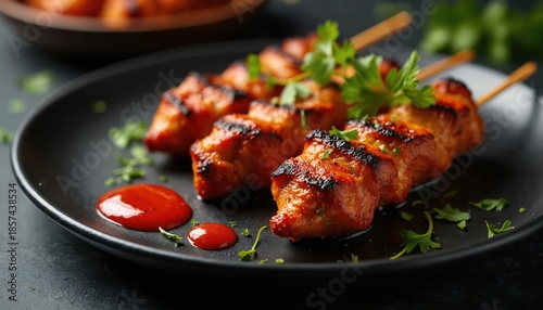 Four tandoori chicken skewers with char marks sit on black plate. Chicken pieces are golden brown with red sauce dollops. Fresh parsley sprigs garnish the meat and dish.