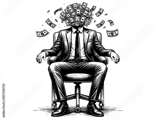 illustration of a person sitting on a chair with a head money