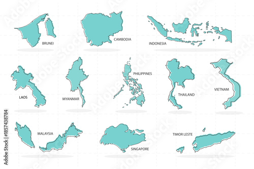 set of line country and shadow in Asia includes Thailand, Brunei, Cambodia, Indonesia, Laos, Malaysia, Myanmar, Philippines, Singapore, Timor, and Vietnam.