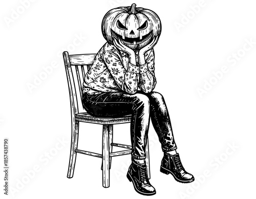 illustration of a person sitting on a chair with a head Halloween
