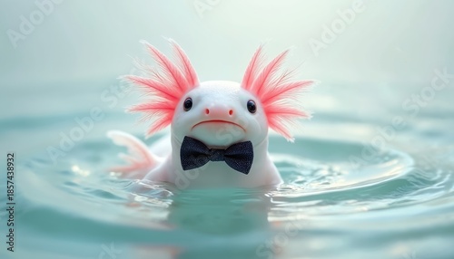 Cute axolotl wears blue bow tie. White amphibian floats in calm water. Pink gills fan out from head. Animal shows friendly face and eyes. Aquatic creature swims.