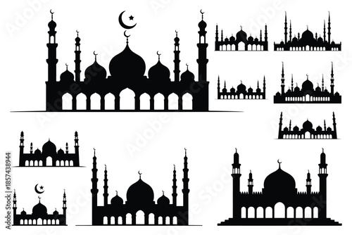 Black and white mosque silhouettes with crescent moons and domes