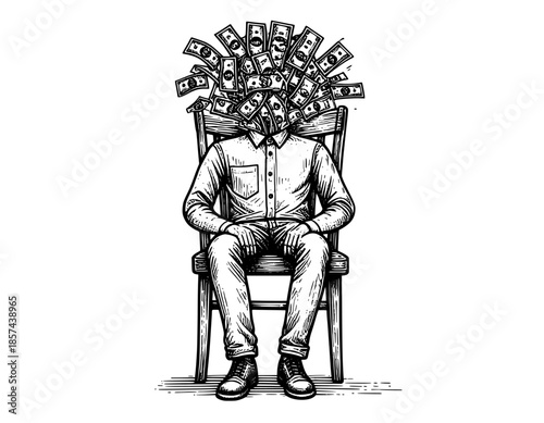 illustration of a person sitting on a chair with a head money