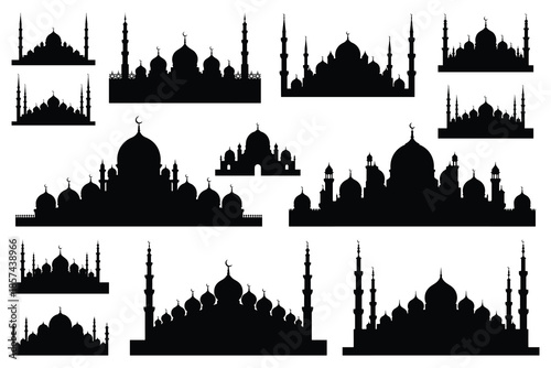 Black silhouettes of mosque domes and minarets