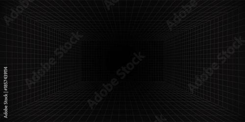 Futuristic perspective grid box. Abstract wireframe with white grid line on black background. Virtual reality landscape in 80s 90s digital style. Vector
