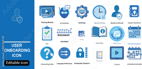 Collection of blue and white user onboarding with labels interface