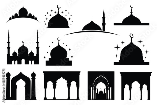 Black and white silhouettes of mosque domes and arches