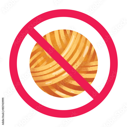 No knitting sign, forbidden sign with yarn ball icon, craft thread yarn restriction symbol, vector illustration
