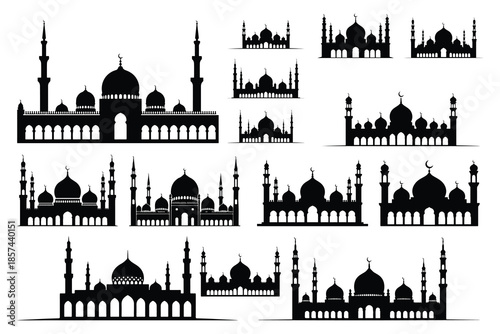 Black and white mosque silhouettes with domes and minarets
